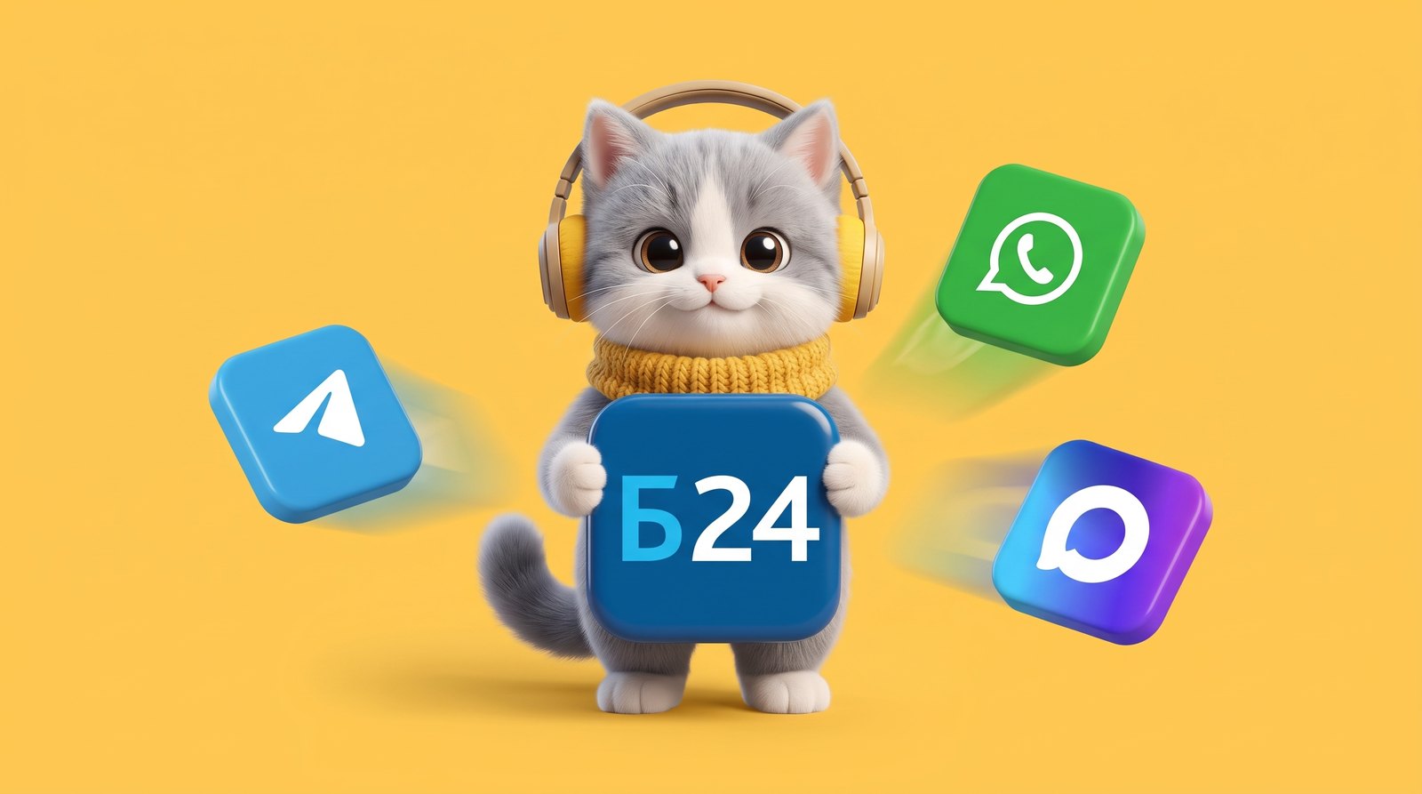 Пушок держит логотип Битрикс24, из которого вылетают сообщения в WhatsApp, Telegram и MAX